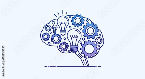 Conceptual brain with gears and light bulbs symbolizing innovation and ideas