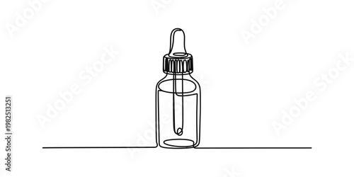A single continuous line drawing of a small glass dropper bottle used for essential oil serum Vector, illustration
