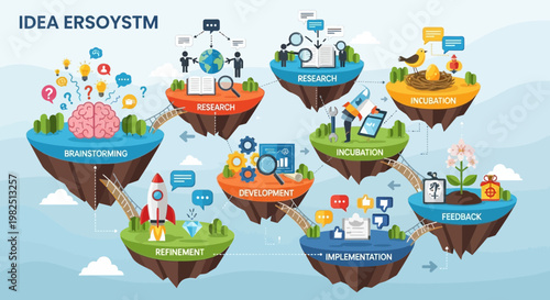 Conceptual diagram of business innovation process featuring floating islands