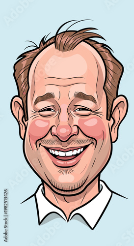 A friendly cartoon illustration of a smiling middle-aged man with a receding hairline and rosy cheeks.