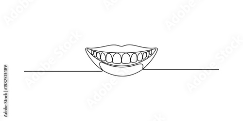 A minimalist single line drawing illustration of a wide human smile with visible white teeth Vector, illustration