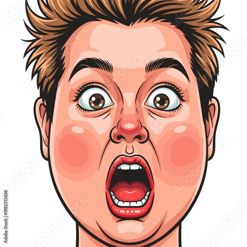 Close-up vector illustration of a person's face with a wide-open mouth and shocked expression, depicting surprise or fear.