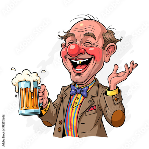 Cartoon illustration of a jovial, red-nosed man laughing heartily while holding a frothy mug of beer.