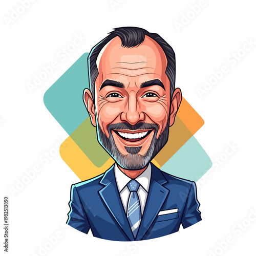 Fotografija A cheerful, smiling businessman in a sharp blue suit and tie, depicted in a cartoon caricature style with a bold outline
