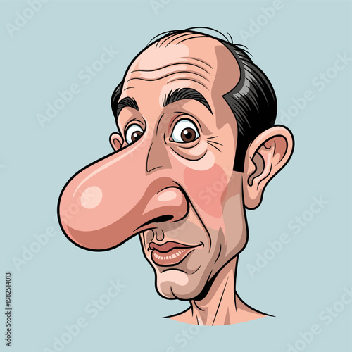 A caricature of a man with a very large, prominent nose and thinning hair, against a plain blue background.