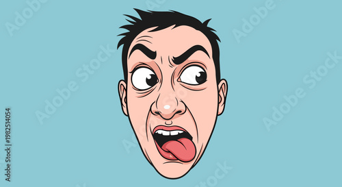 A cartoon illustration of a man's face contorted in a disgusted or nauseated expression, with wide eyes and a protruding tongue.