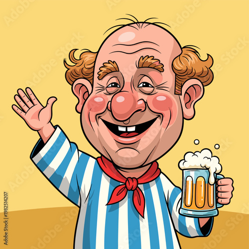 A cheerful, balding man with a large red nose and rosy cheeks, wearing a striped shirt and red bandana, waves while holding a frothy mug of beer.