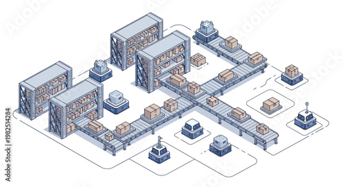 Isometric vector illustration depicting an automated warehouse in the style of industry 4.0, showcasing conveyor belts moving packages between storage racks, with a clean, minimalist design