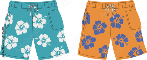 Hawaiian beach shorts set, floral summer clothing vector illustration for vacation fashion design