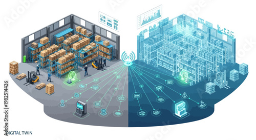 Conceptual vector illustration depicting a warehouse split into physical and digital representations, showcasing industry 4.0 technology with data flowing between shelves and computer