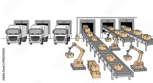 Conceptual vector shows automated warehouse production with robotic arms placing boxes on conveyor belts, while trucks wait at loading docks in a light, airy composition illustrating