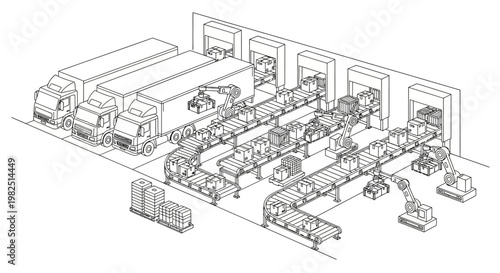 Detailed line drawing depicting logistics and industrial production, showing trucks lined up at loading docks and a sophisticated conveyor belt system in a warehouse for Industry 4.0