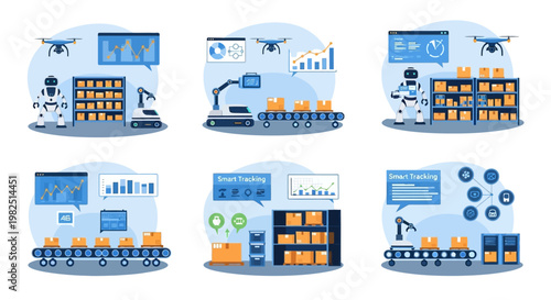 Set of six vector illustrations showing automated industry production processes in a warehouse, featuring robots, drones, and conveyor belts against a clean white background with a modern
