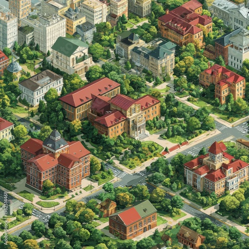 A detailed aerial view of a historic university campus with lush greenery, classic architecture, and well-maintained pathways.