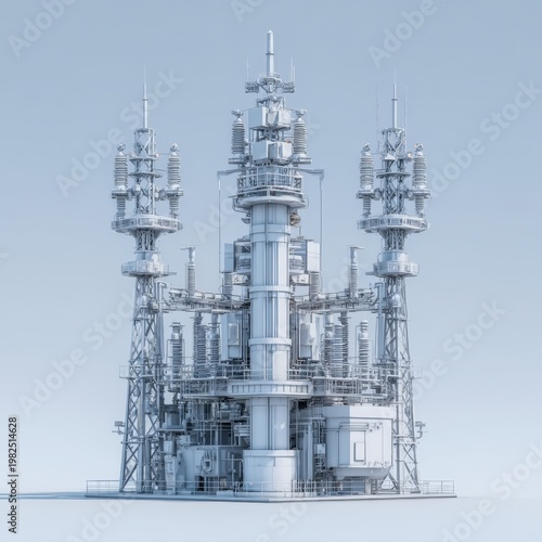 A detailed blueprint of a futuristic communication tower with multiple antennas and structural frameworks, depicted in a monochrome, technical drawing style.