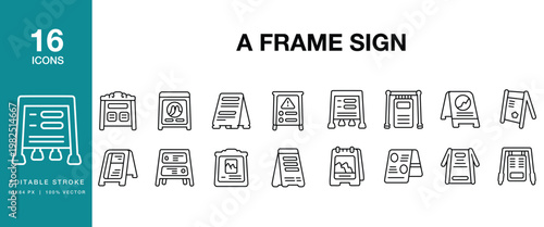 A Frame Sign icon set. Includes a frame, sign, signage, board, display, sidewalk and More. Editable Stroke Icon Collection.