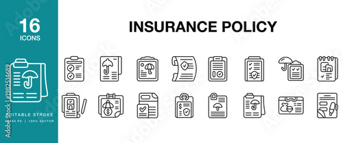 Insurance Policy icon set. Includes insurance, policy, coverage, protection, risk and More. Editable Stroke Icon Collection.