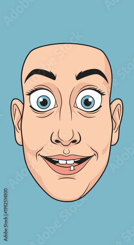 A close-up, cartoon-style illustration of a bald person's face with wide, surprised blue eyes and a wide, toothy grin, against a solid blue background.