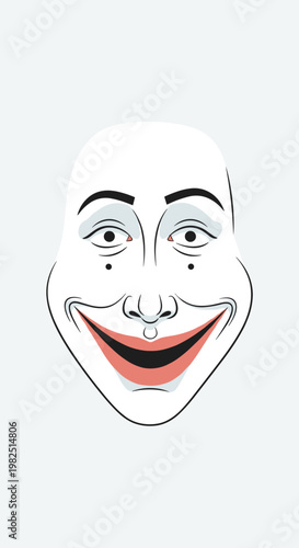 A stylized illustration of a white clown face with exaggerated features and a wide, red-lipped smile.