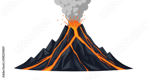 Active volcano emitting a thick plume of gray smoke while molten orange lava flows through deep cracks in the dark rocky slopes of the mountain summit.