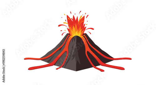 Violent volcanic eruption with bright orange and yellow lava flows cascading down the dark rocky slopes of a majestic mountain peak under clear lighting.