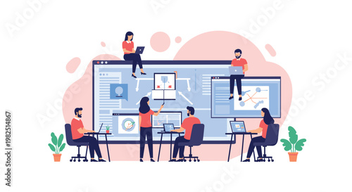 Collaborative group of professionals interacting with large floating digital screens displaying complex flowcharts and data analytics in a modern workspace.
