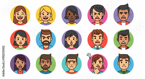 A collection of diverse cartoon avatars displaying a wide range of human emotions and expressions, presented in a grid format.