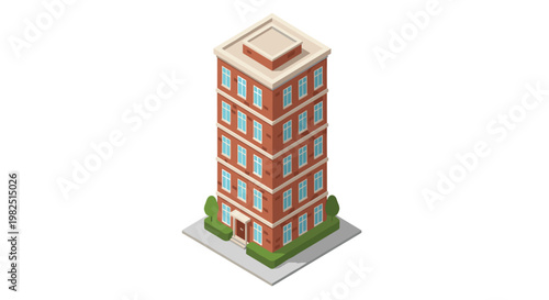 Tall, slender isometric brick tower building featuring a light-colored roof cornice and manicured green hedges at the base for architectural projects.