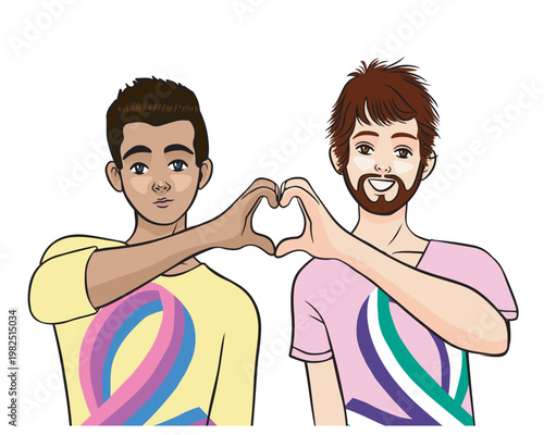 Gay male couple making a heart with their hands. LGBTQI people. Transparente background.