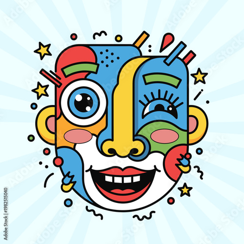 A vibrant and abstract geometric face with a wide smile and playful elements, rendered in bold colors and clean lines.