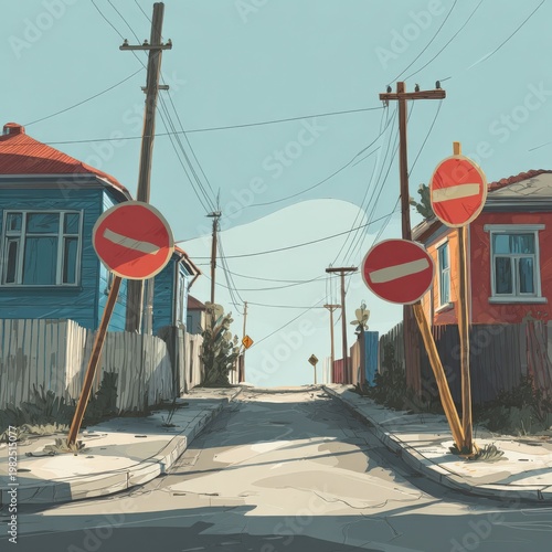 An empty residential street with tilted no-entry signs, power lines, and houses under a clear sky, creating a quiet, deserted neighborhood scene.