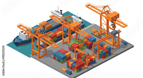 A highly detailed shipping terminal shows large industrial cranes actively loading colorful containers onto a massive cargo ship at the busy harbor.