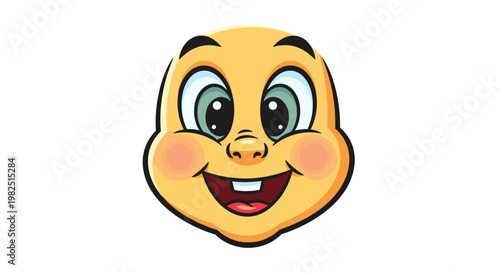 Close-up cartoon illustration of a happy baby face with big eyes, rosy cheeks, and a wide smile showing two teeth.