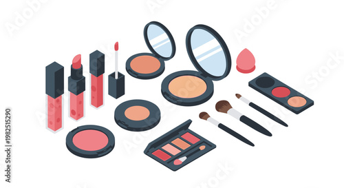 Various makeup essentials including lip gloss tubes, open powder compacts, and professional brushes are arranged neatly on a clean white background.