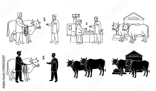 Set of outline and silhouette vector icons showing farmers trading cattle and livestock management at a marketplace and farm environment for agricultural business concepts