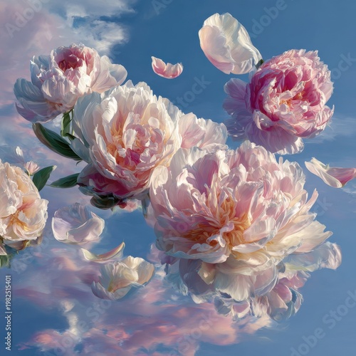 Soft pink peonies floating against a reflective sky, creating a dreamy, surreal floral scene.