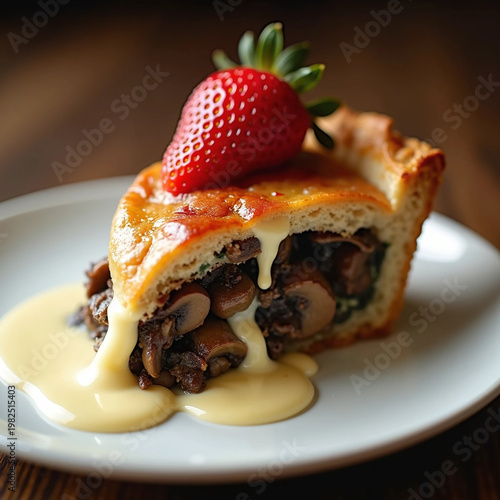 half-baked mushroom pie with strawberry on top on it on a plate. Toppin fall from inside to the plate  
