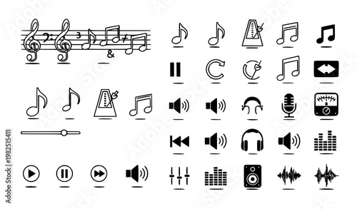 Music production and audio engineering icon set featuring notes and sound wave elements in a detailed black and white vector style for digital media interfaces