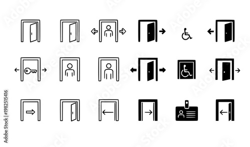 Facility access and accessibility icon set featuring keys and handicapped symbols in a professional black and white vector style for public navigation signage systems