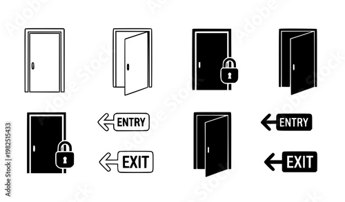 Professional door icon set for entry and exit signs featuring locked and unlocked doors in outline and solid black vector styles for signage and navigation graphics