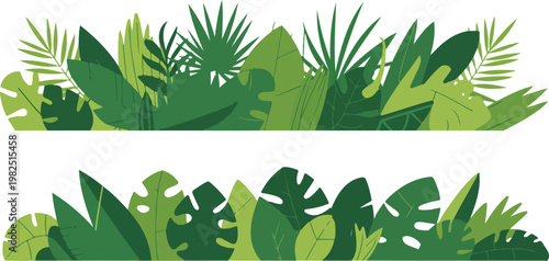 Minimalist tropical foliage horizontal bands vector illustration with monstera palm leaves flat design green botanical pattern isolated on white background