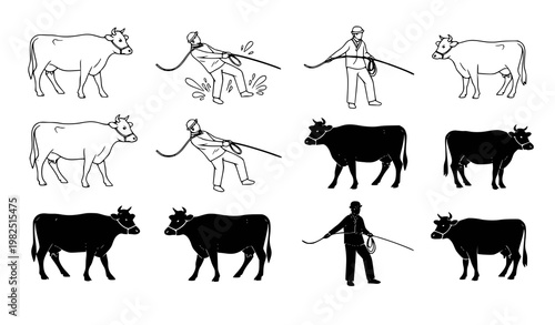 Agricultural livestock handling icon set featuring farmer with cattle and lasso in outline and solid black glyph vector styles for farming and animal husbandry design