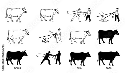 Cattle farming and livestock handling icon set featuring cow and farmer with lasso in outline and solid black glyph vector styles for agricultural industry graphics