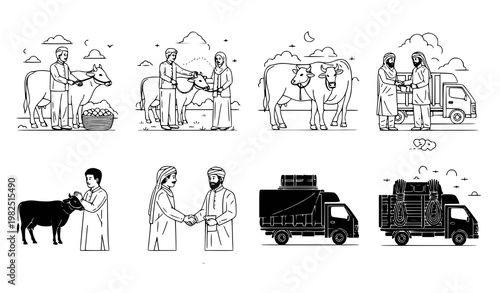 Livestock farming and animal trade transportation vector graphics set depicting farmers with cows and trucks for rural agricultural and market logistics operations