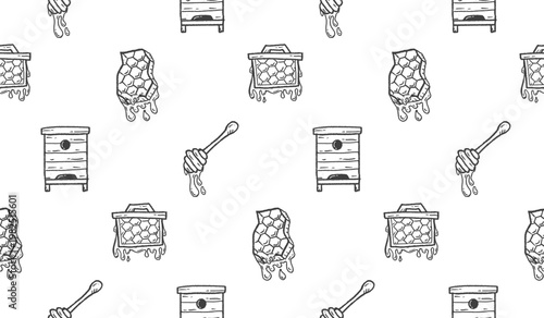 Honey hand drawn pattern. Honey farm background doodle. Outline sketch of beehive illustration seamless pattern for packaging containing honeycomb, jar, dipper.