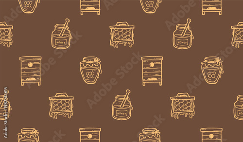Honey hand drawn pattern. Honey farm background doodle. Outline sketch of beehive illustration seamless pattern for packaging containing honeycomb, jar, dipper.