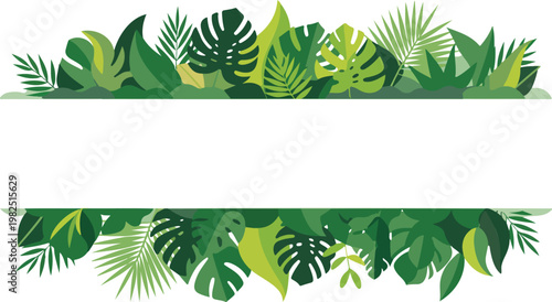 Minimalist tropical foliage horizontal bands vector illustration with monstera palm leaves flat design green botanical pattern isolated on white background