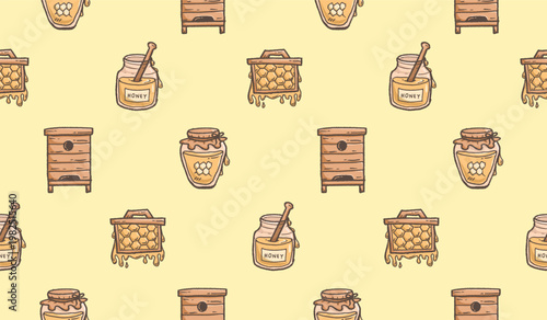 Honey hand drawn pattern. Honey farm background doodle. Outline sketch of beehive illustration seamless pattern for packaging containing honeycomb, jar, dipper.