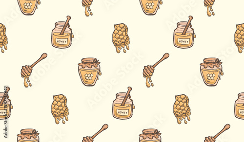 Honey hand drawn pattern. Honey farm background doodle. Outline sketch of beehive illustration seamless pattern for packaging containing honeycomb, jar, dipper.