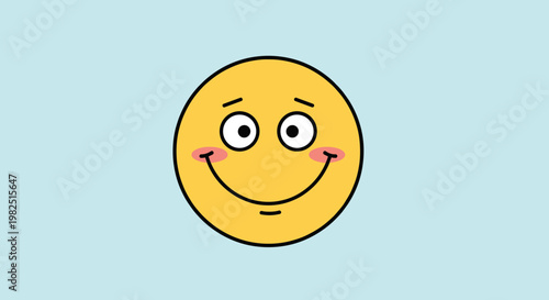 Shy yellow emoji face with rosy cheeks and a subtle smile on a light blue background, expressing mild embarrassment or happiness.